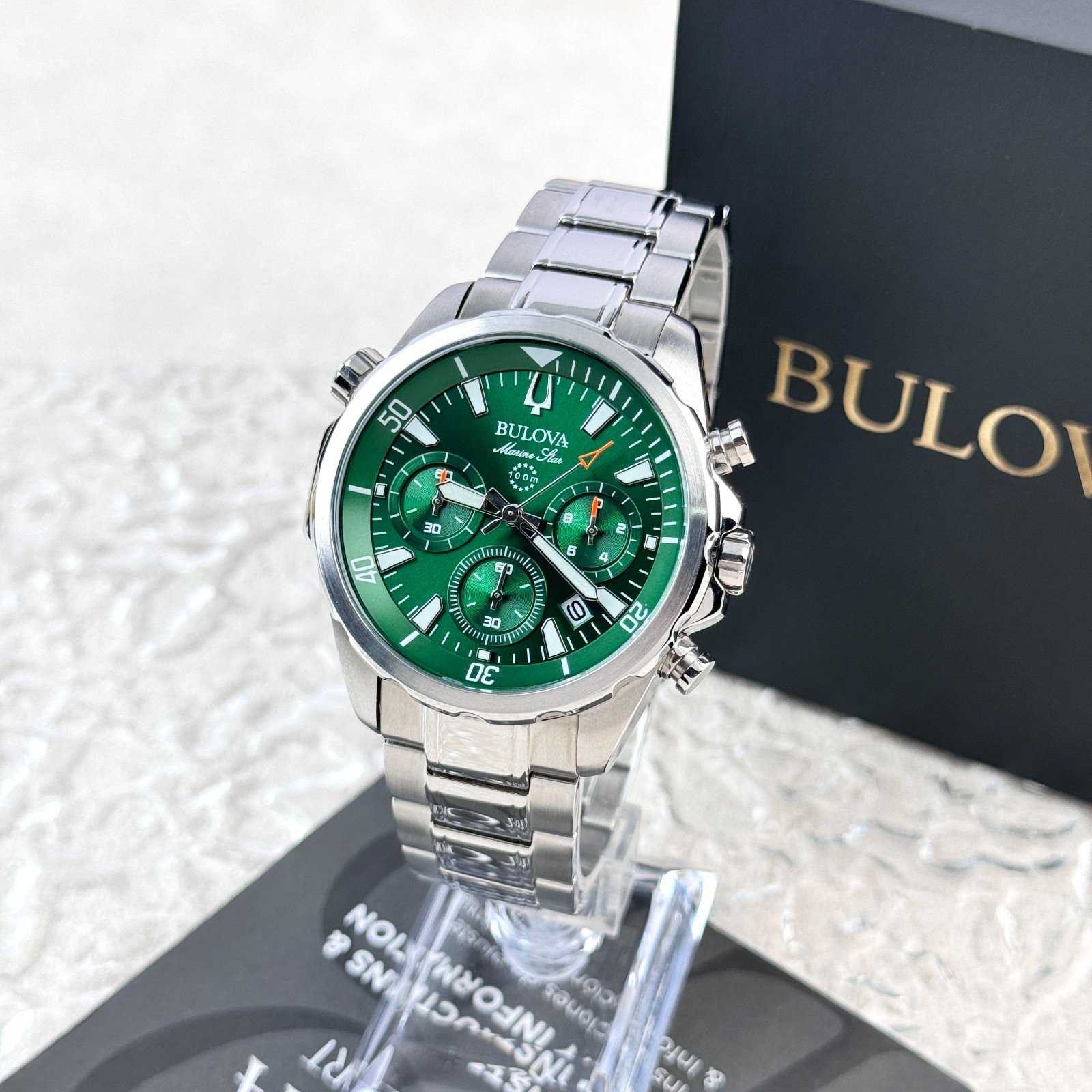 Bulova Marine Star Green Dial Stainless Steel Chronograph Men’s Watch 96B396
