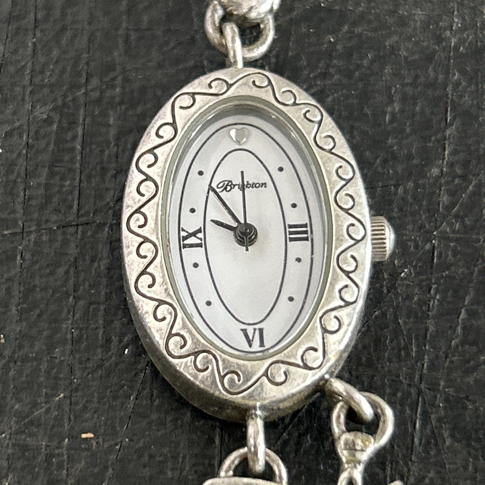 Brighton Pedigree Cat Silver Plated Filigree Chain Women’s Oval Watch New Batt.