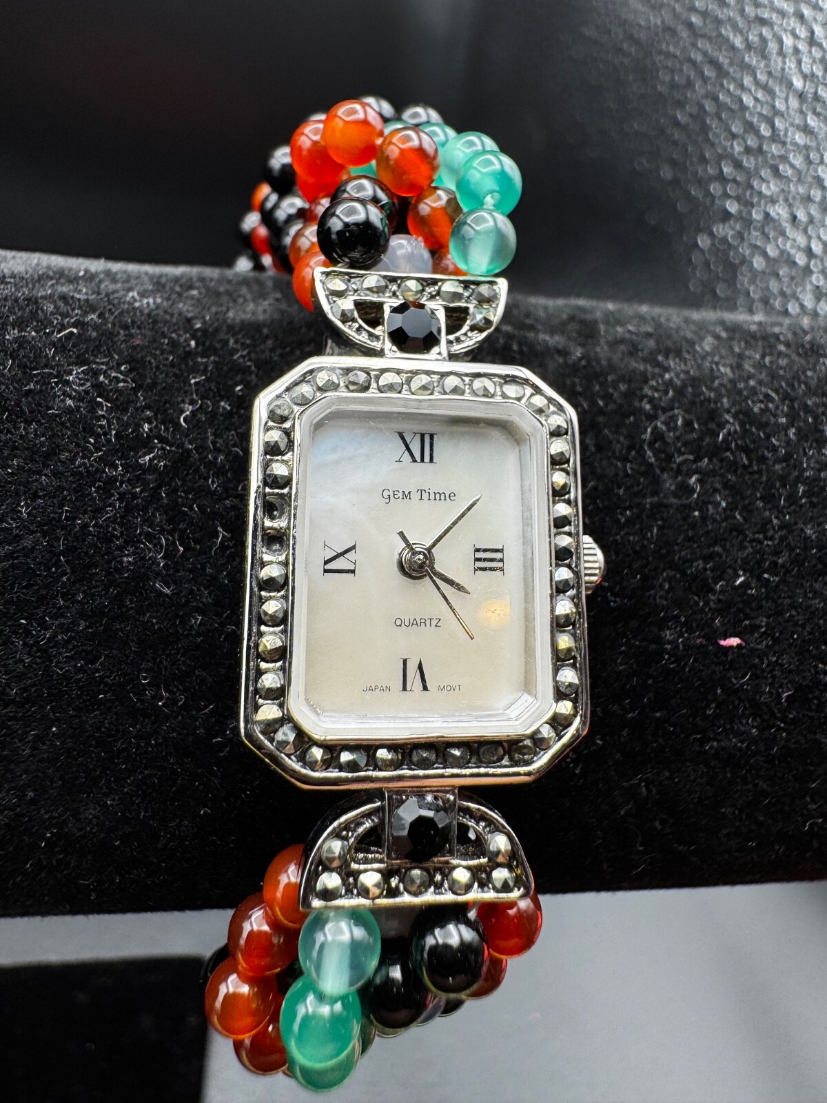 Geneva Watch with Green/Black/Red Bead Band 8 inches