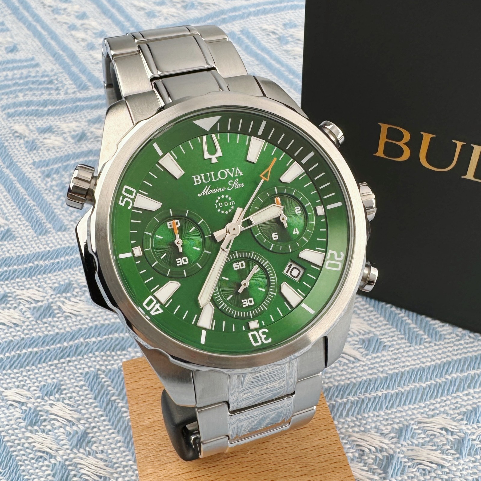 New Bulova Marine Star Chronograph Men’s Watch Green Dial 43mm/96B396