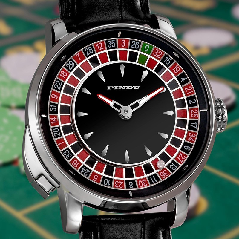 2025 PINDU Men’s mechanical watch silver shell black belt gambling button luxury