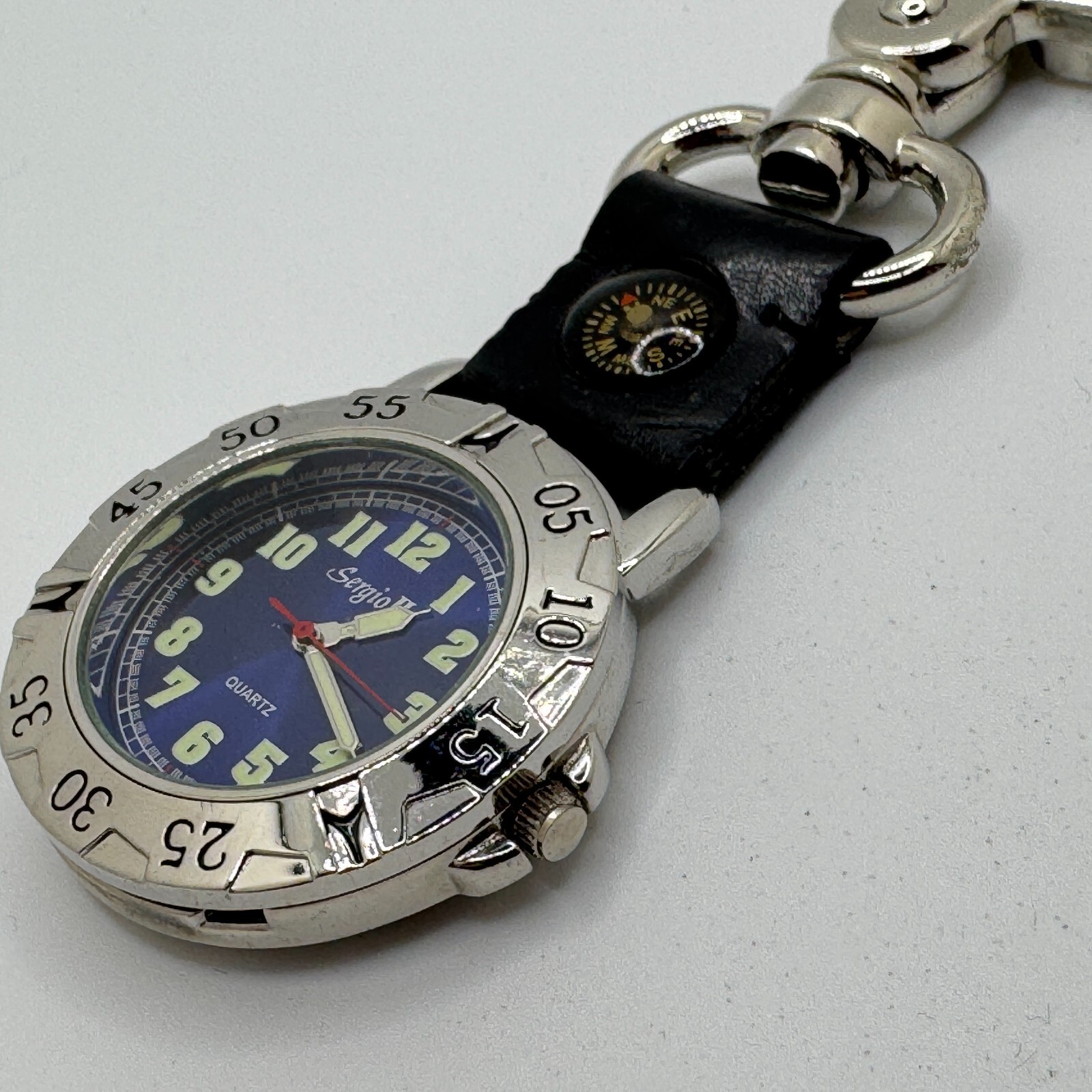Sergio II Quartz Pocket Watch Men Silver Blue Rotating Bezel Snap-on New Battery