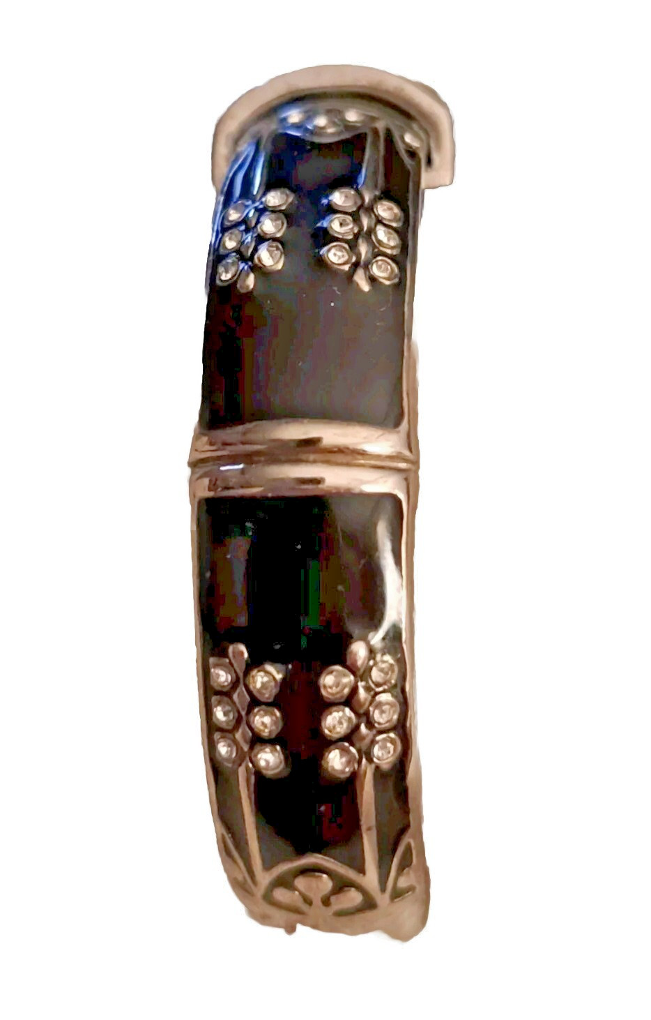 Studio Women’s 8″ Cuff Bangle Watch Silvertone Black Gemmed Band New Battery