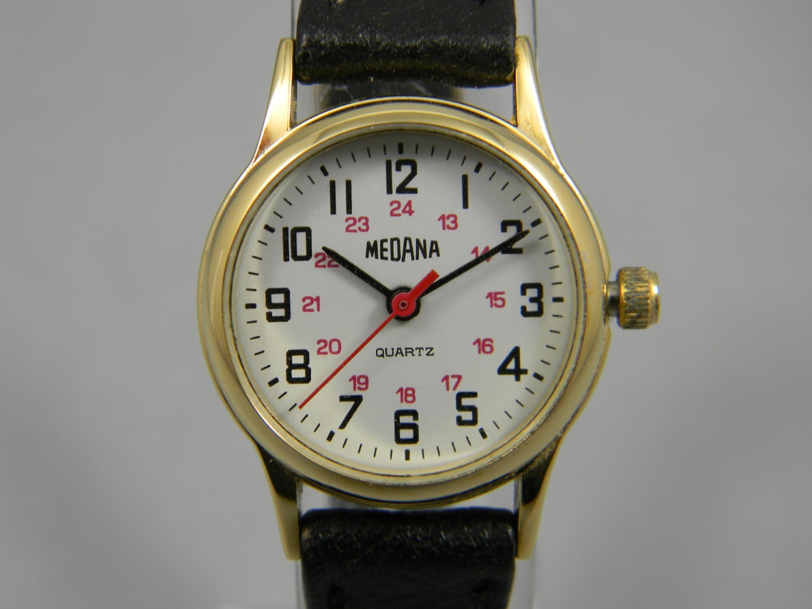 Medana Watch Women Dainty 23mm Gold Tone 12/24 Hr Dial Leather Band New Battery