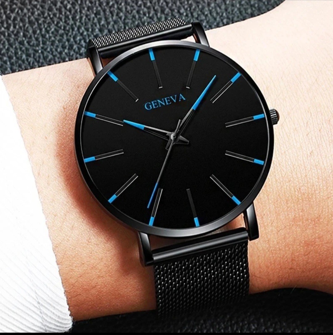 Geneva Men’s Quartz Analog Watch 40mm Black Mesh Band Black/Blue Dial