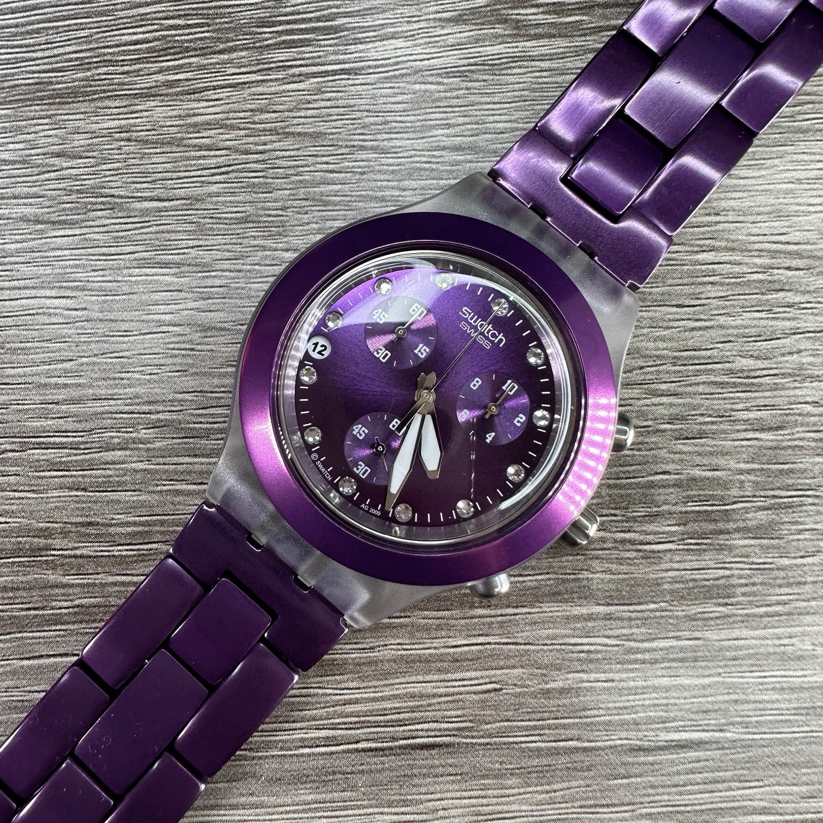 NEW✅ SWATCH IRONY FULL BLOODED PURPLE CHRONO ALUMINUM 43MM WATCH SVCK4048