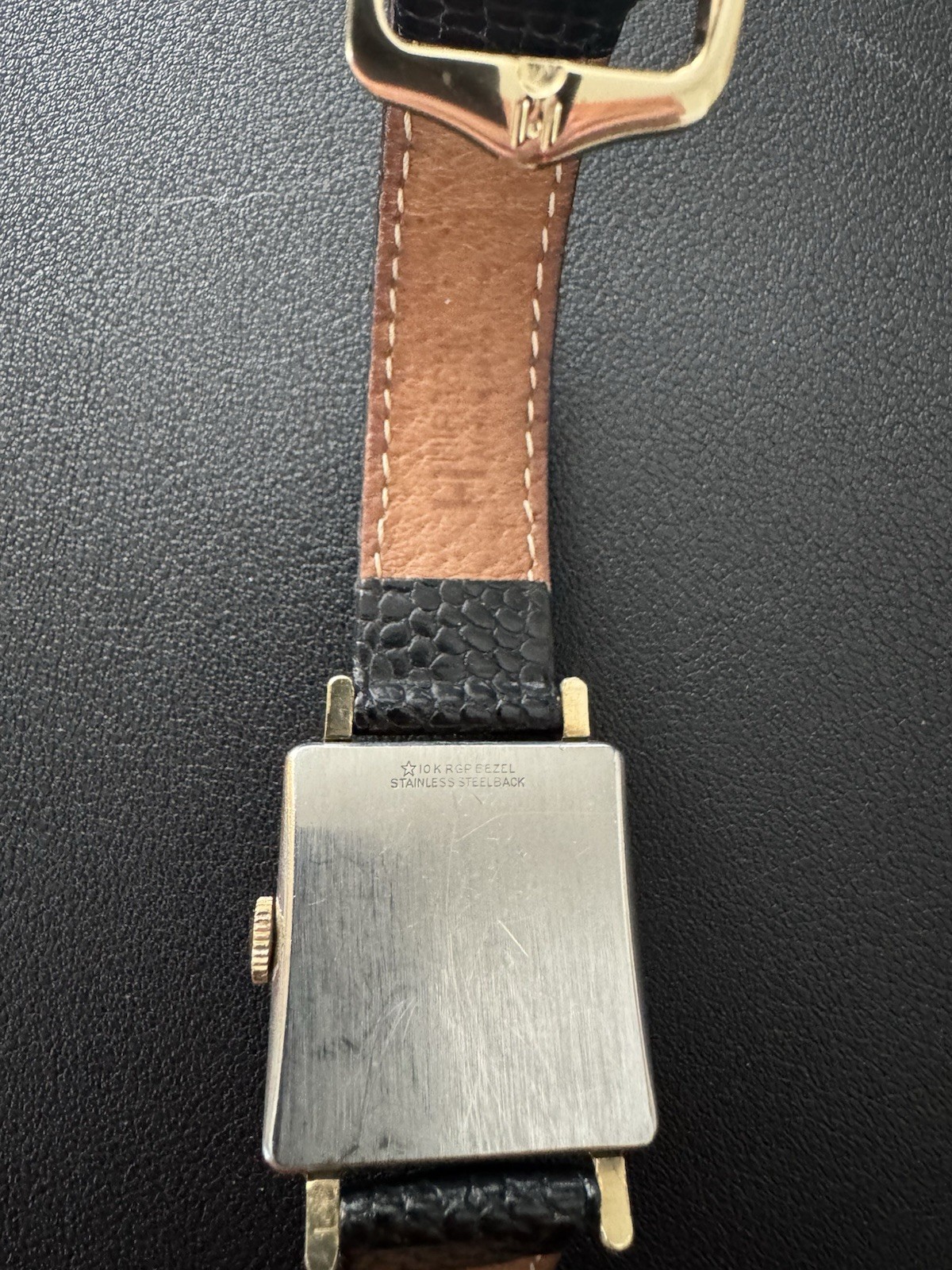 Elgin 1930s Vintage Manual Wind Square Gold Tone Wristwatch Black Leather