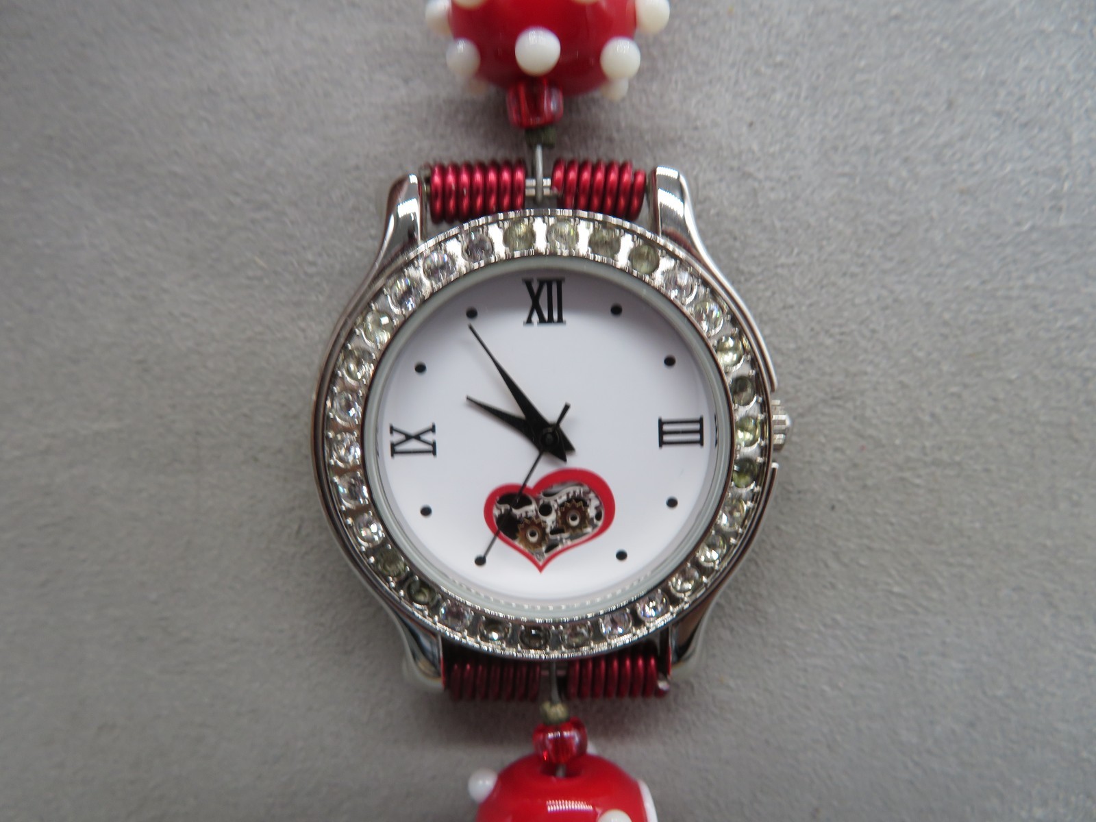 Unusual Gossip Watch Red, White & Clear Beaded Band Gemstone Bezel New Battery