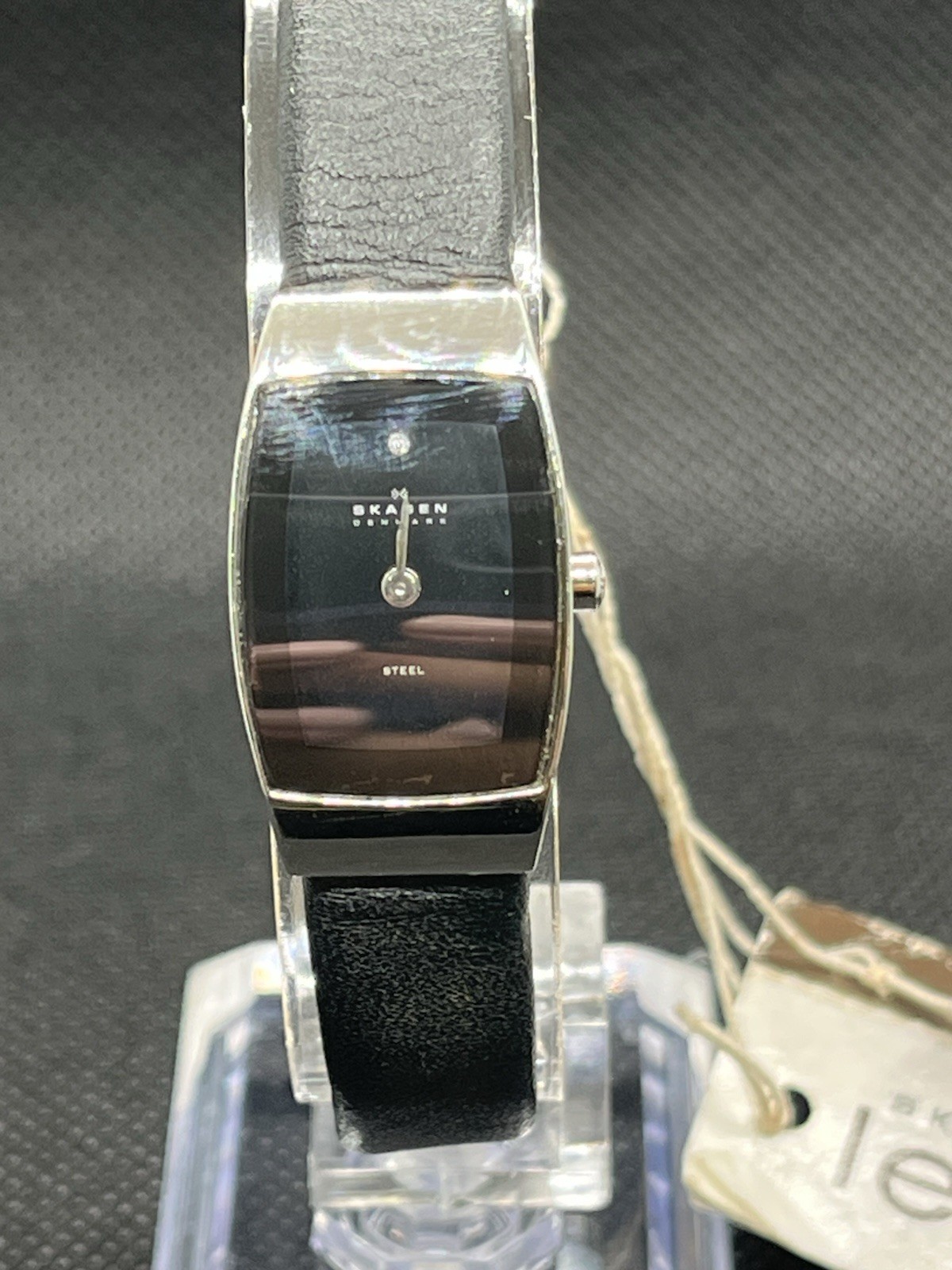 Skagen Denmark Women’s Quartz Rectangle Black Dial Silver Case Black Leather