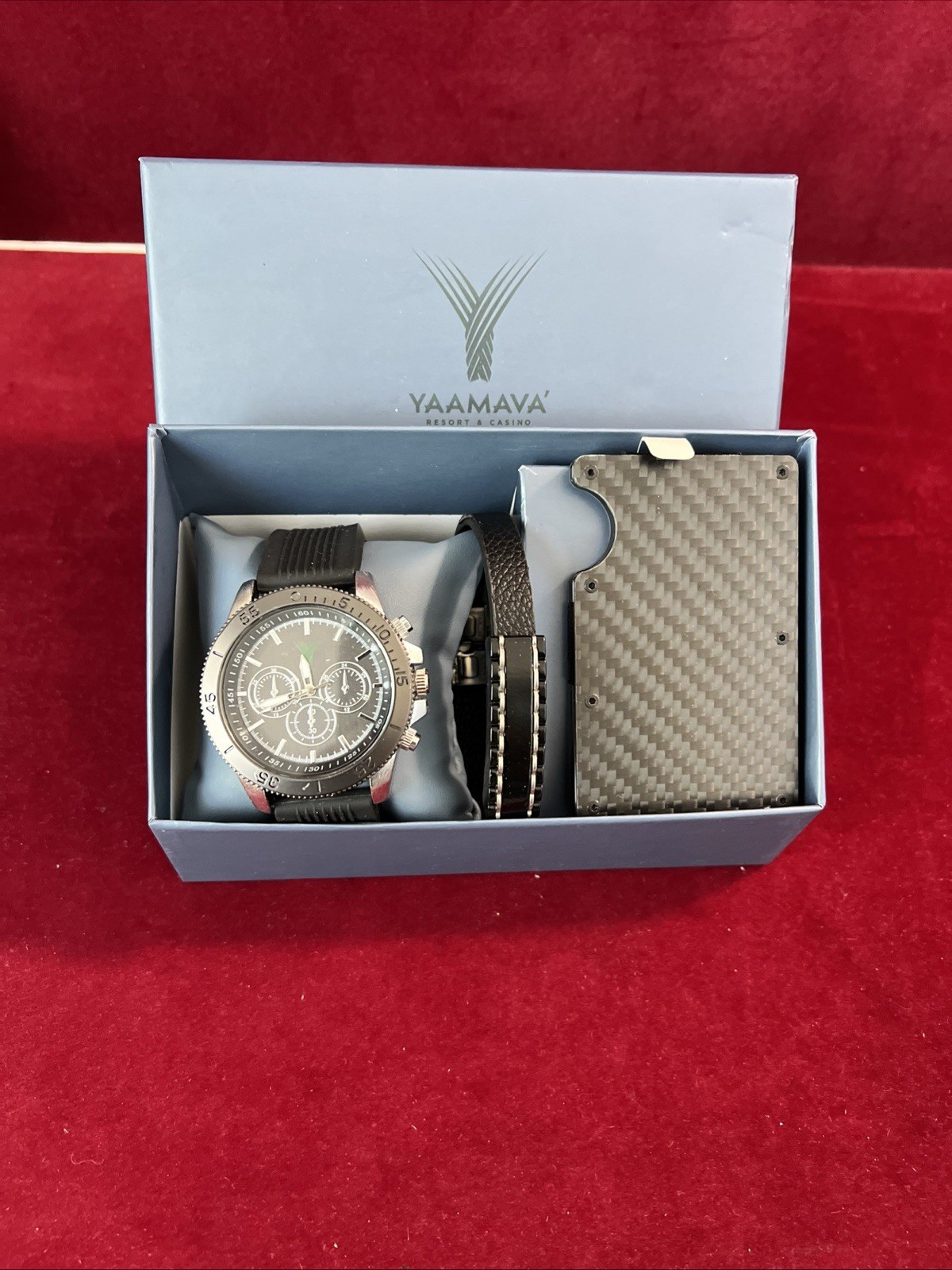 Yaamava Resort Casino Watch Gift Set Bracelet Carbon Fiber Wallet Quartz