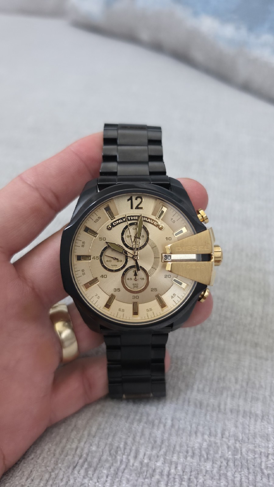 DIESEL Mega Chief Mens Chronograph Watch, Gold Dial, Black Stainless Steel Band