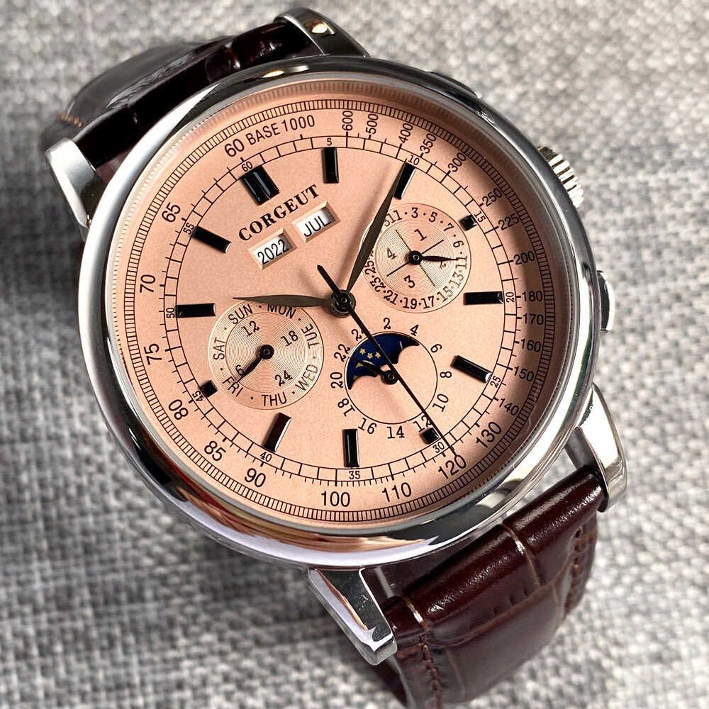 42mm corgeut pink dial multifunction Sea-gull 1655 automatic mens watch