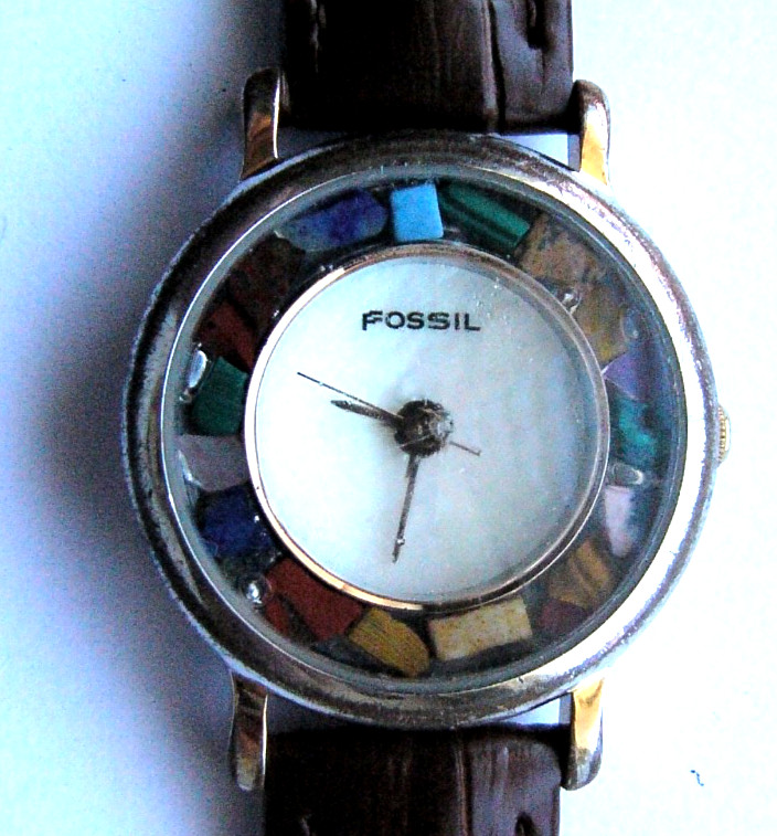 Vintage Fossil Womens Watch 28mm Mosaic Stone Bezel Leather PC-7024 New Battery