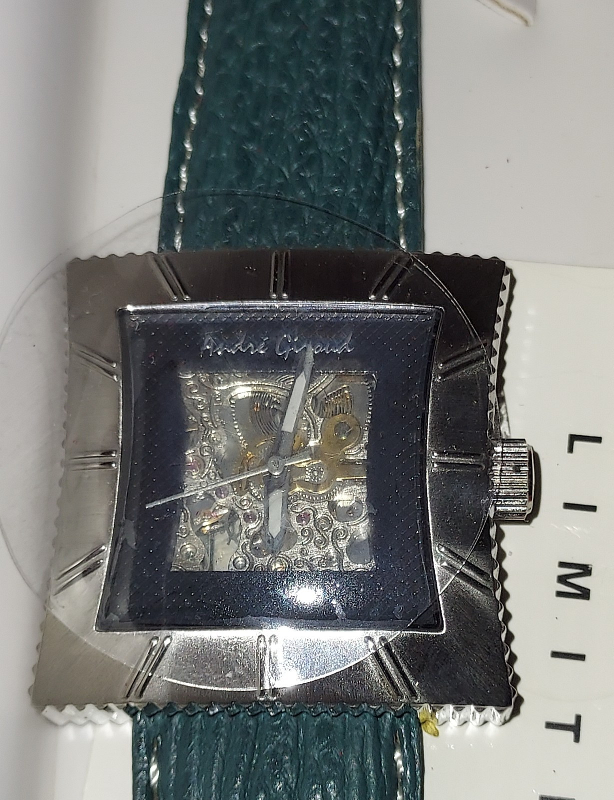 Andre Giroud Men’s Watch Self Winding Shark Leather Green Automatic Skeloton NOS