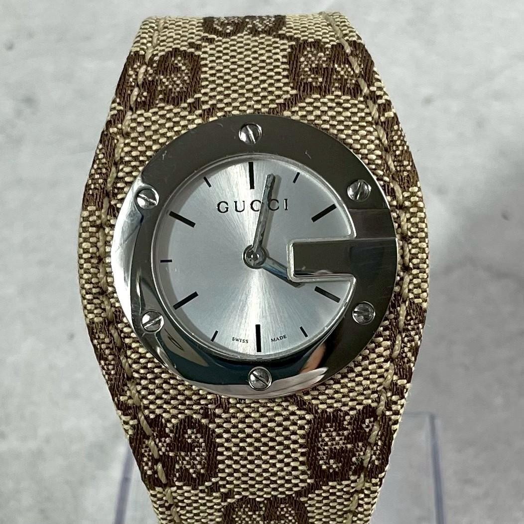 Gucci 104 G-Face Quartz Silver Dial GG Canvas Leather Men’s Unisex Watch Working
