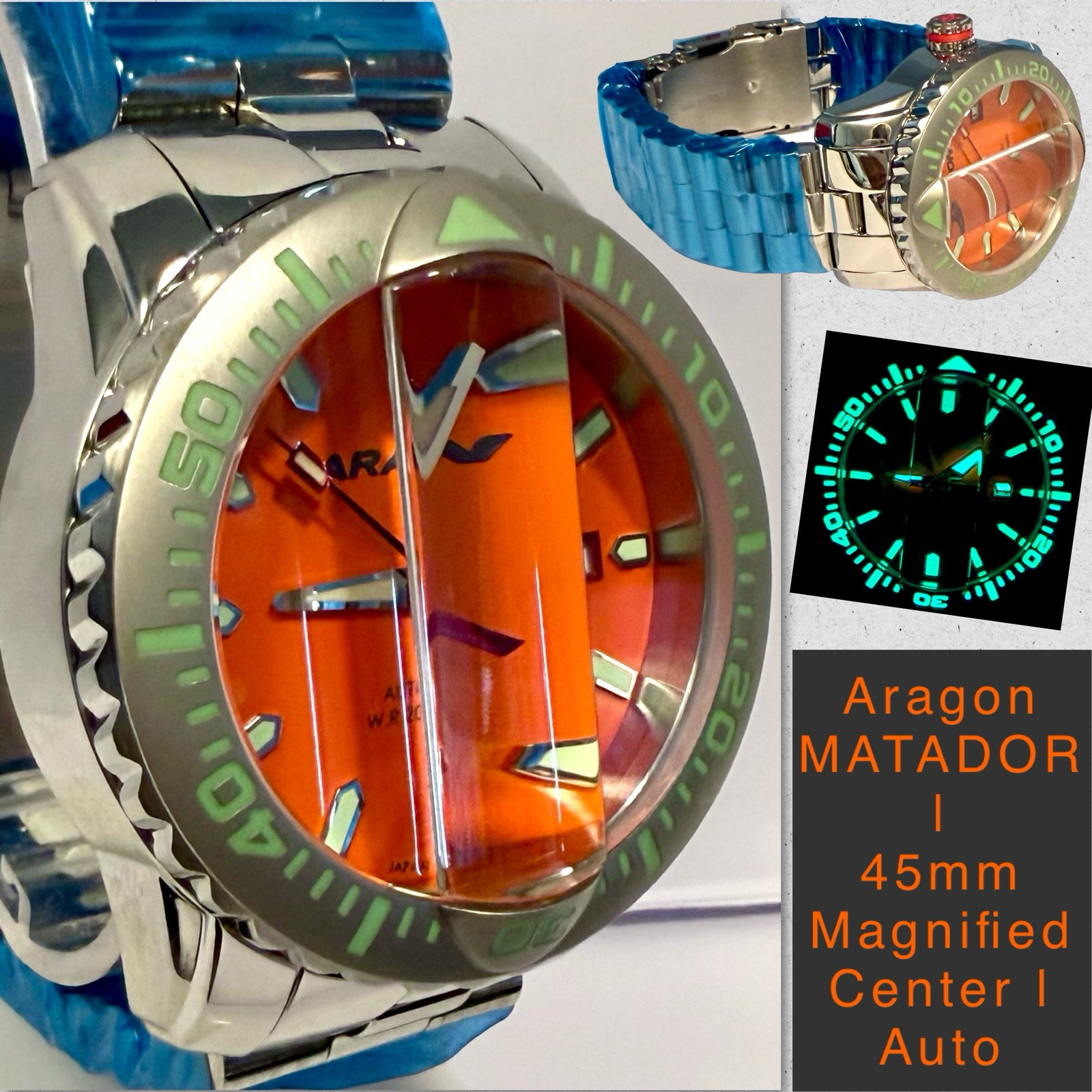 45mm Auto MATADOR Magnified Center Dial | Silvertone Bracelet Aragon Mens Watch