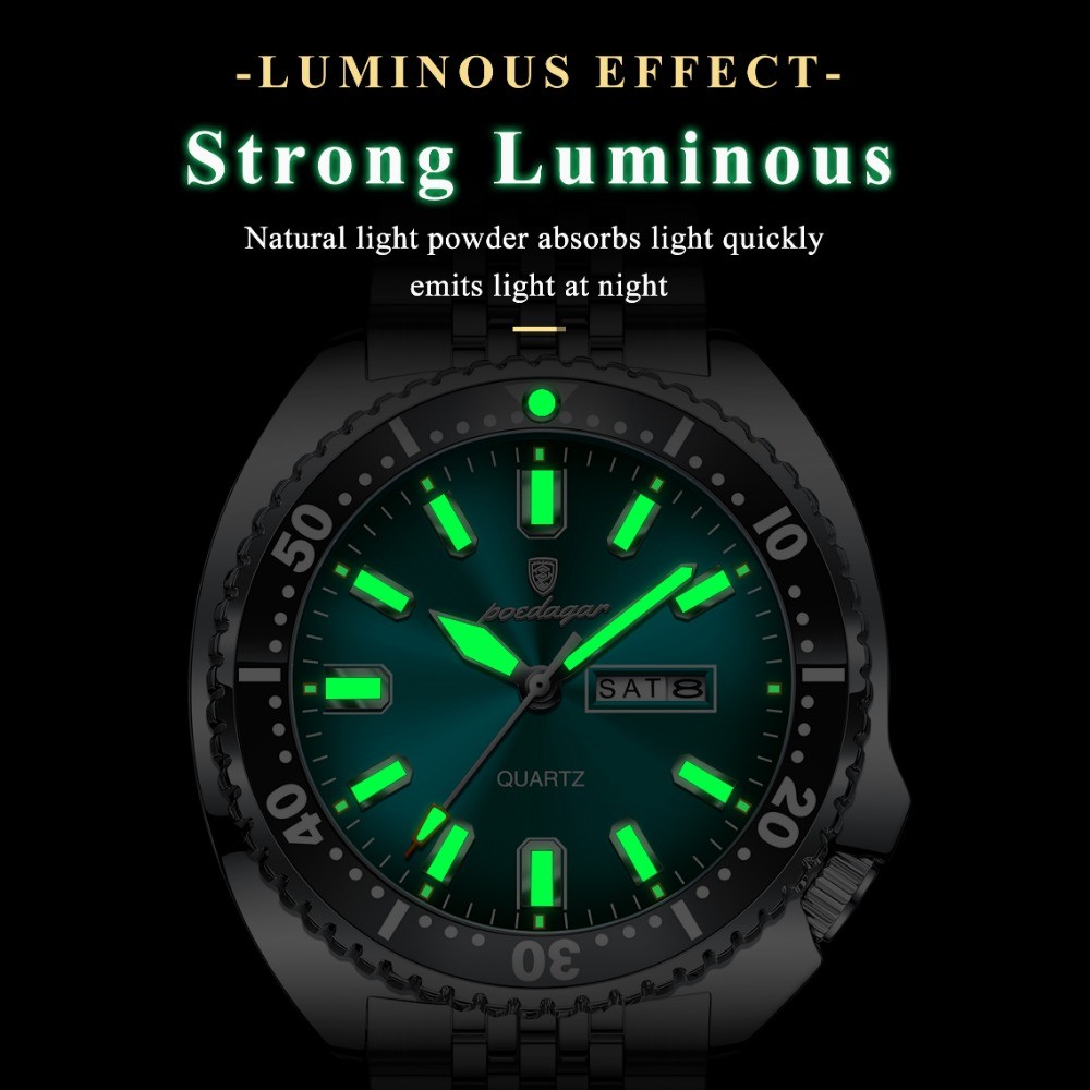 POEDAGAR Men Date Week Waterproof Luminous Casual Stainless Steel Quartz Watch