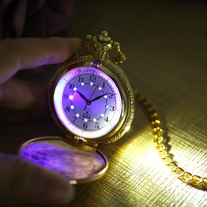 Creative LED Light Arabic Numerals Display Steampunk Train Quartz Pocket Watch