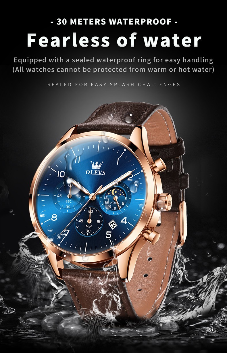 OLEVS 2882 Luminous Multifunctional Male Genuine Leather Classic Quartz Watch
