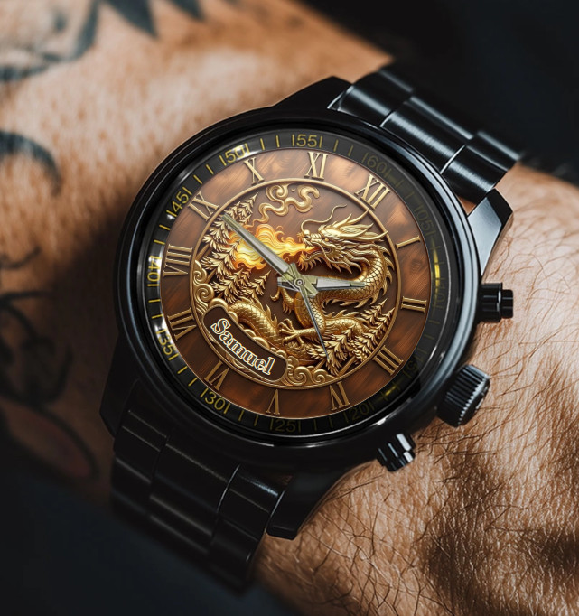 Personalized Winged Dragon Watch Gift for Men Dad Black Stainless Steel Watch
