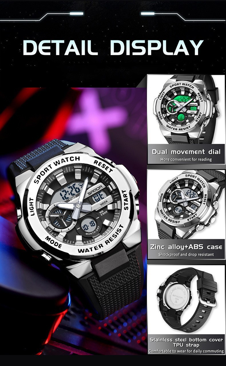 Dual display dial multifunctional sports style luminous quartz waterproof watch