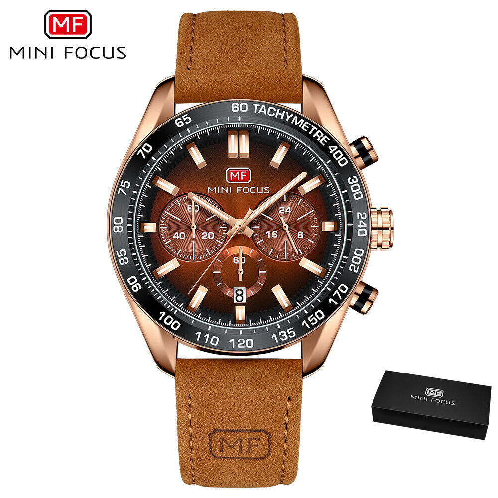 MINI FOCUS Men Watch Military Sport Watches Leather Band Male Quartz Watch w box