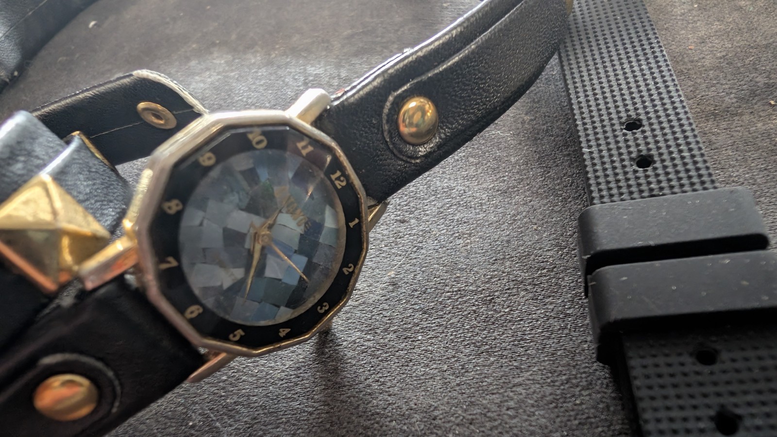 Vintage Gitano Quartz Wrap Watch Black Stud Strap Gold Tone 80s Glam Rock Style