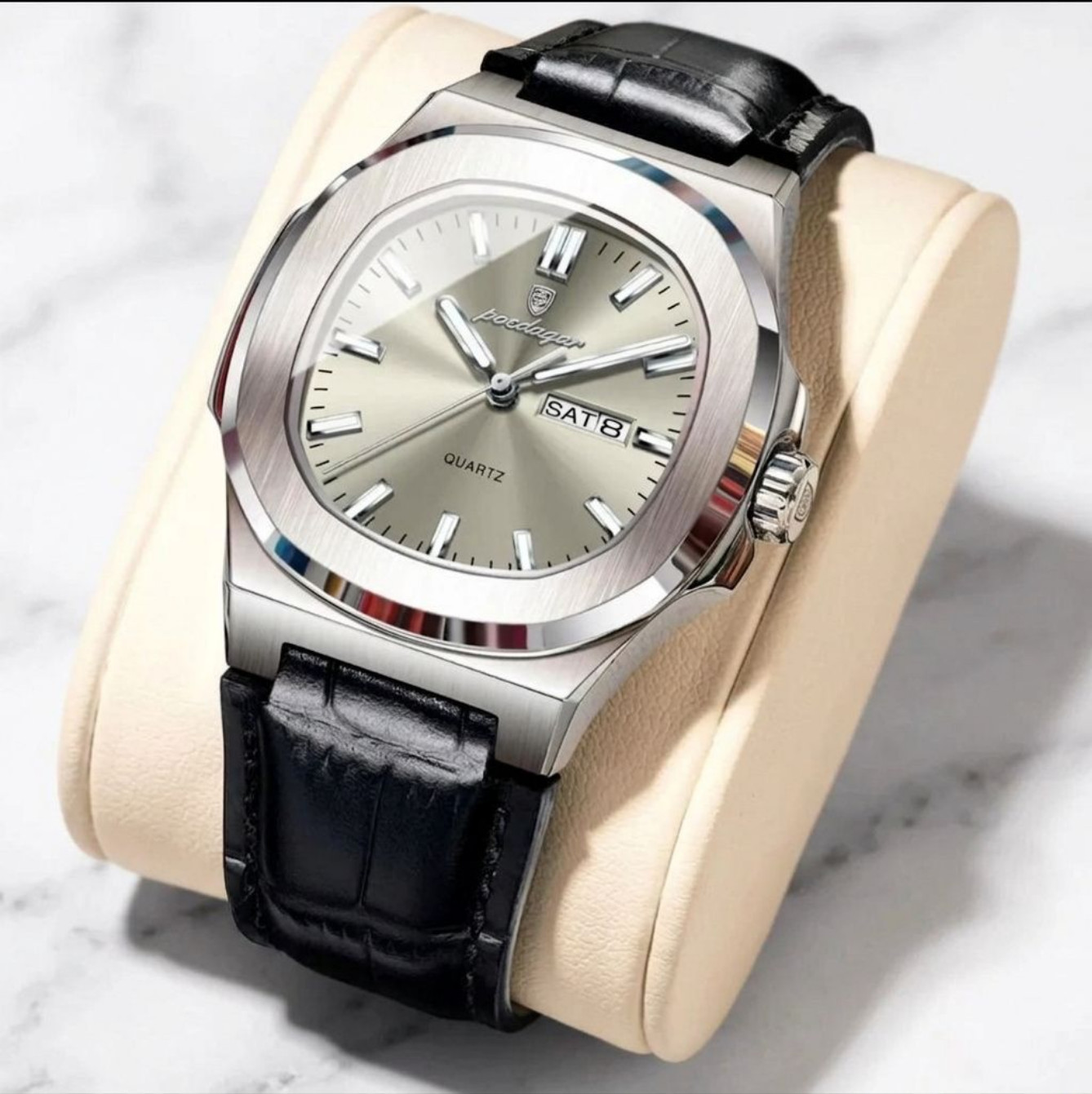 Luxury Men’s Quartz Silver Dial Watch Date Luminous Black Leather Strap Poedagar