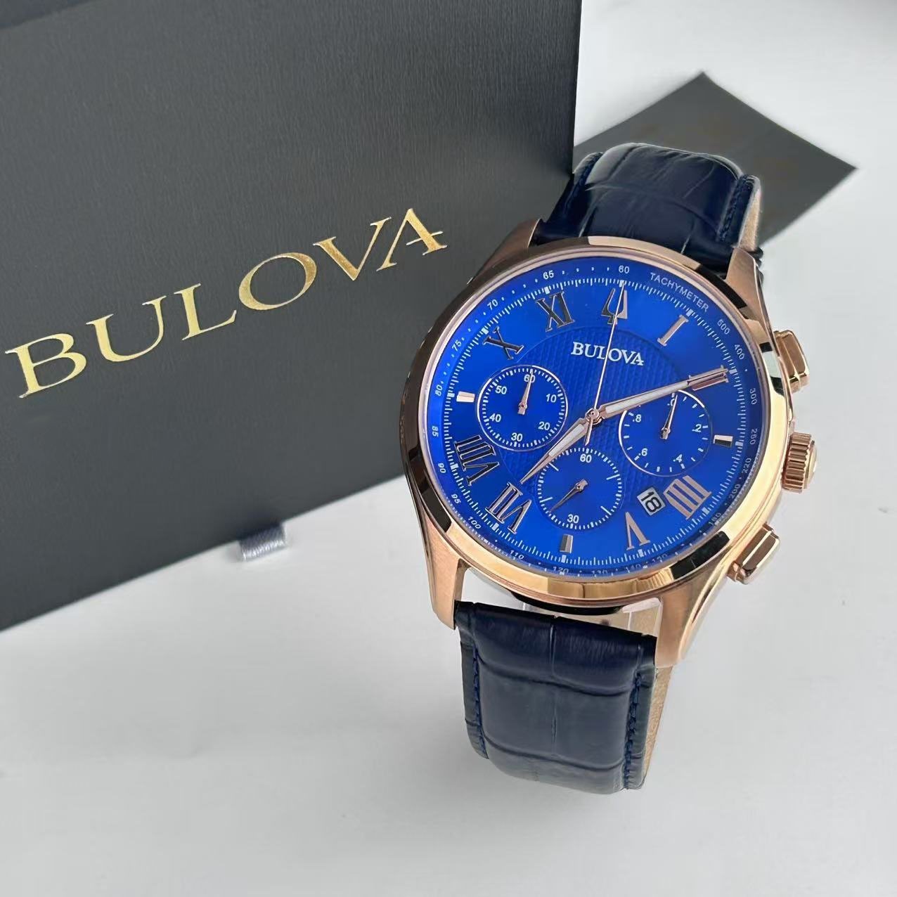 Bulova Wilton Classic 97B170 Blue Dial Leather Strap Mens Quartz Watch 4 G2U