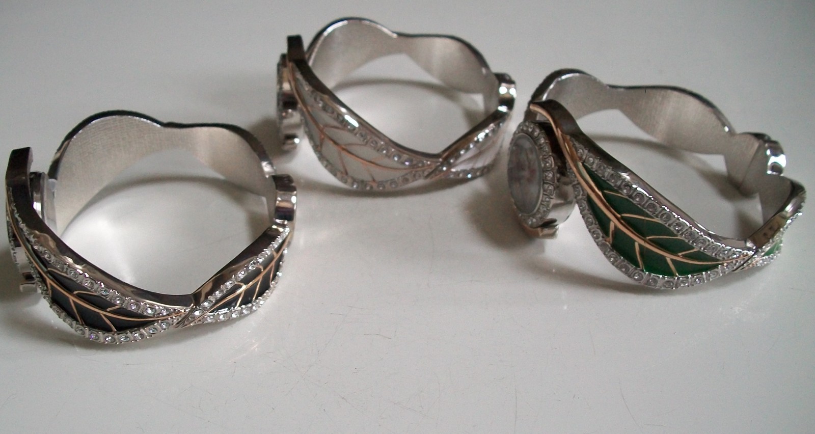 Women number dial stone leaf black, green and white fashion bangle cuff watch