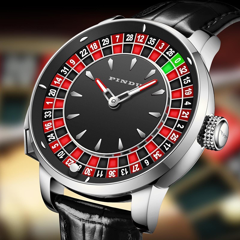 2025 PINDU Men’s mechanical watch silver shell black belt gambling button luxury
