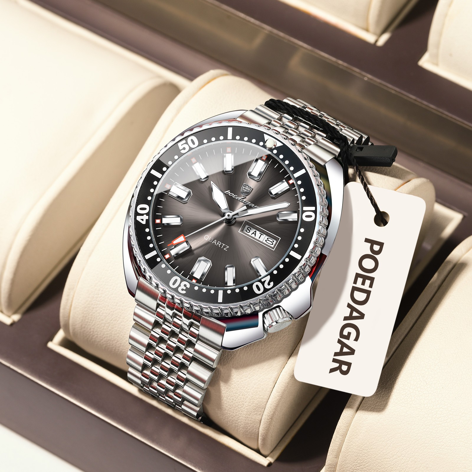 POEDAGAR Men Date Week Waterproof Luminous Casual Stainless Steel Quartz Watch