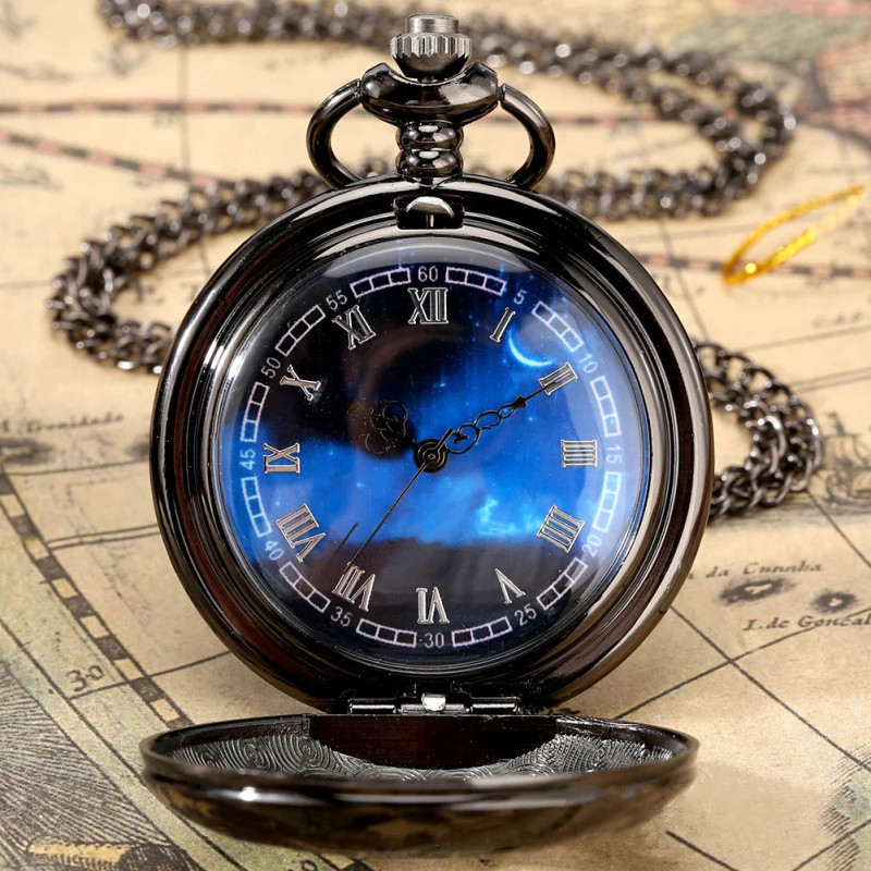 Exquisite Starry Blue Dial Quartz Pocket Watch Roman Numerals Gift