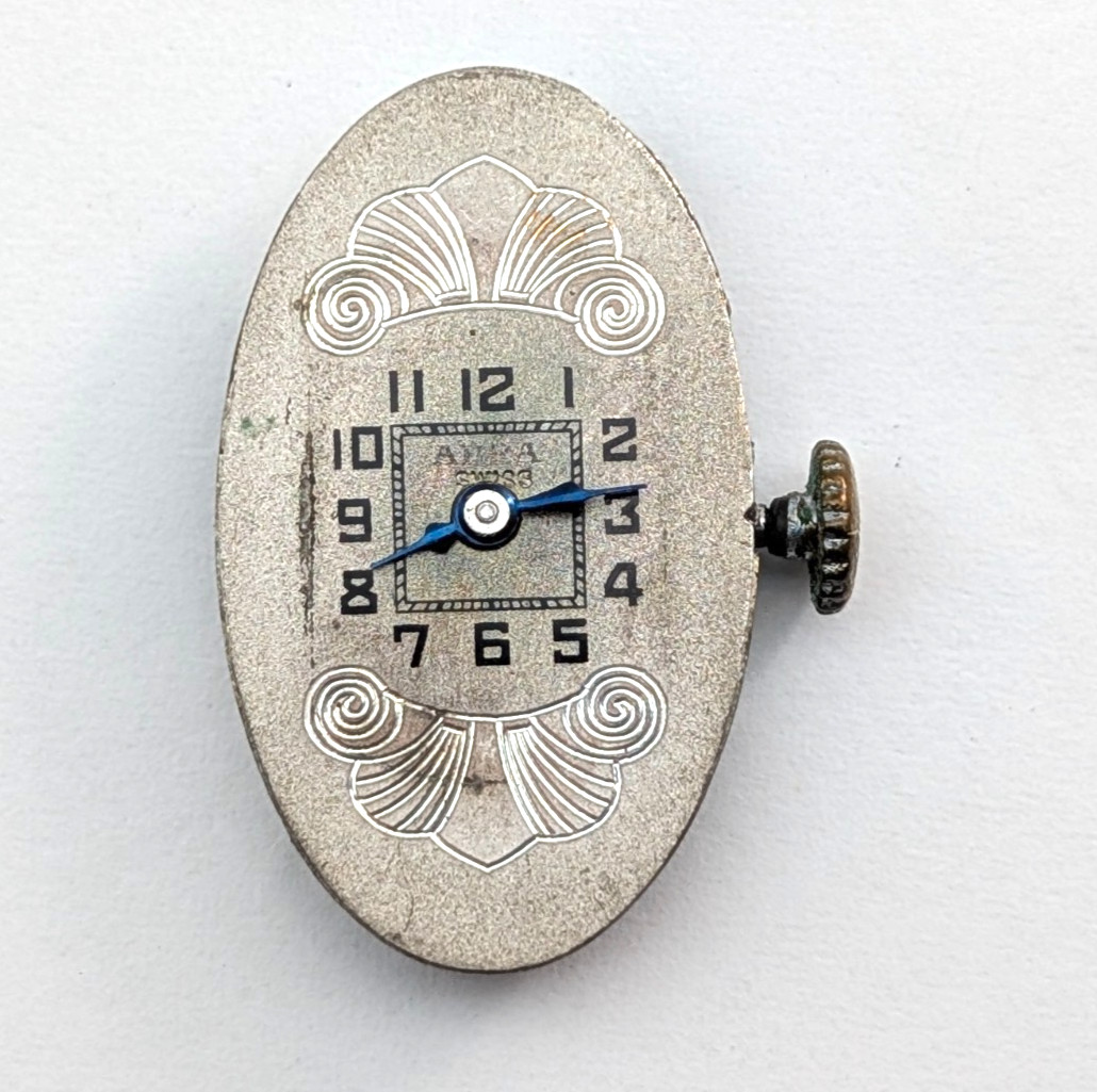 Antique ABRA 15j Art Deco Textured Dial Swiss Watch Movement 15mm PARTS REPAIR