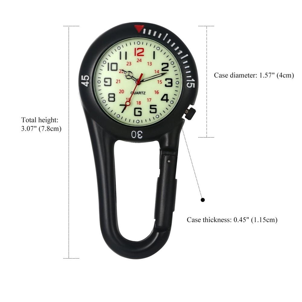 Luminous Carabiner Clip-on Quartz Watch Backpack Fob Belt Doctor Nurse Outdoors