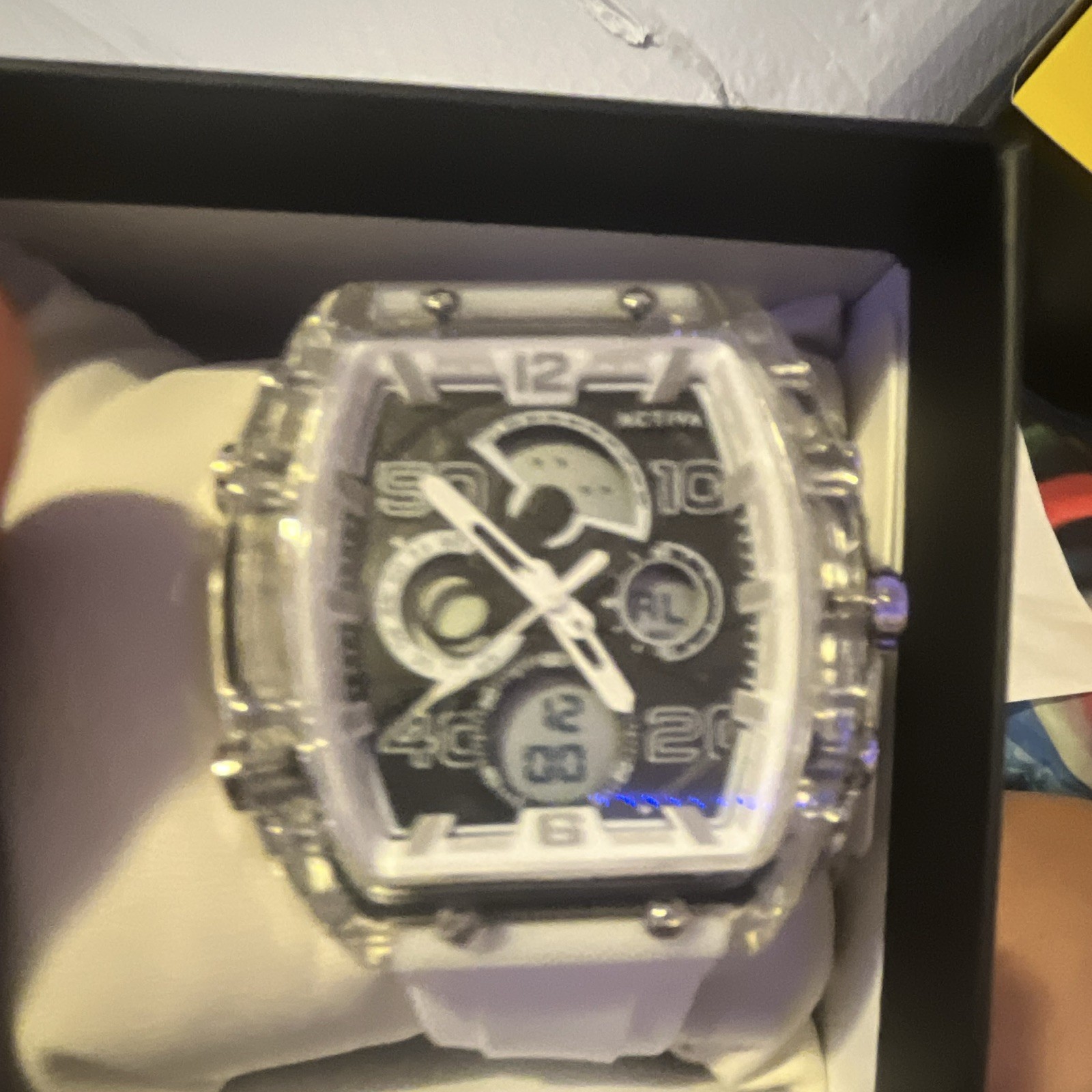 Activa Unisex Quartz Chronograph Tonneau Watch Black Dial White Strap Box