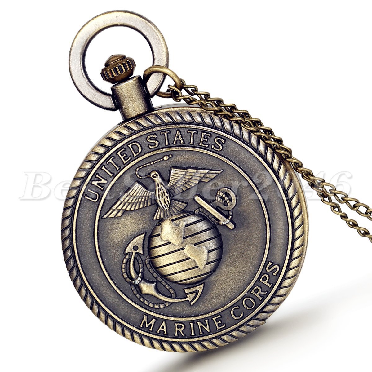 Bronze United States Marine Case Pocket Watch Quartz Analog Chain Necklace Retro