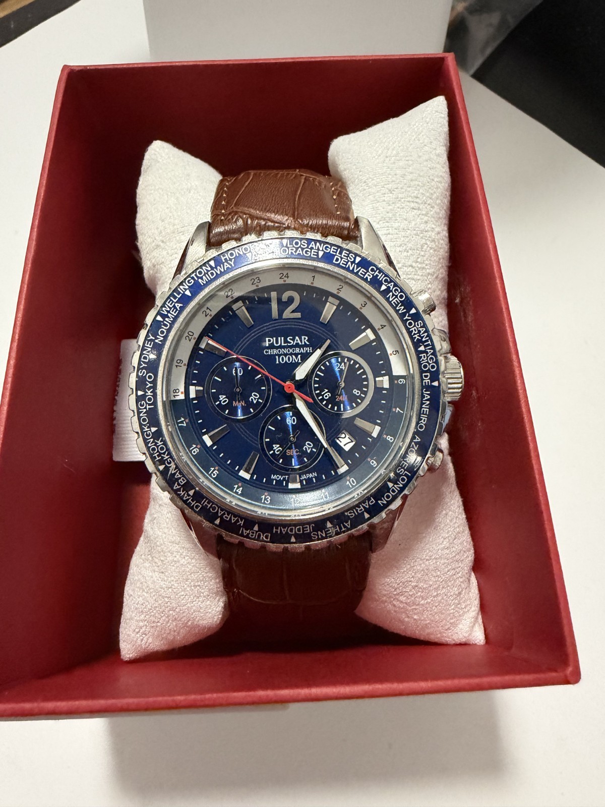 PULSAR PT3579 MEN’S VD53-X156 100M CHRONOGRAPH ANALOG Leather Band WATCH
