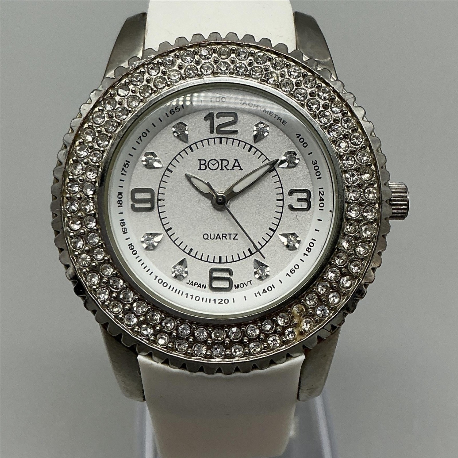 BORA Womens Watch 39mm Silver Tone White Silicone Crystals New Battery