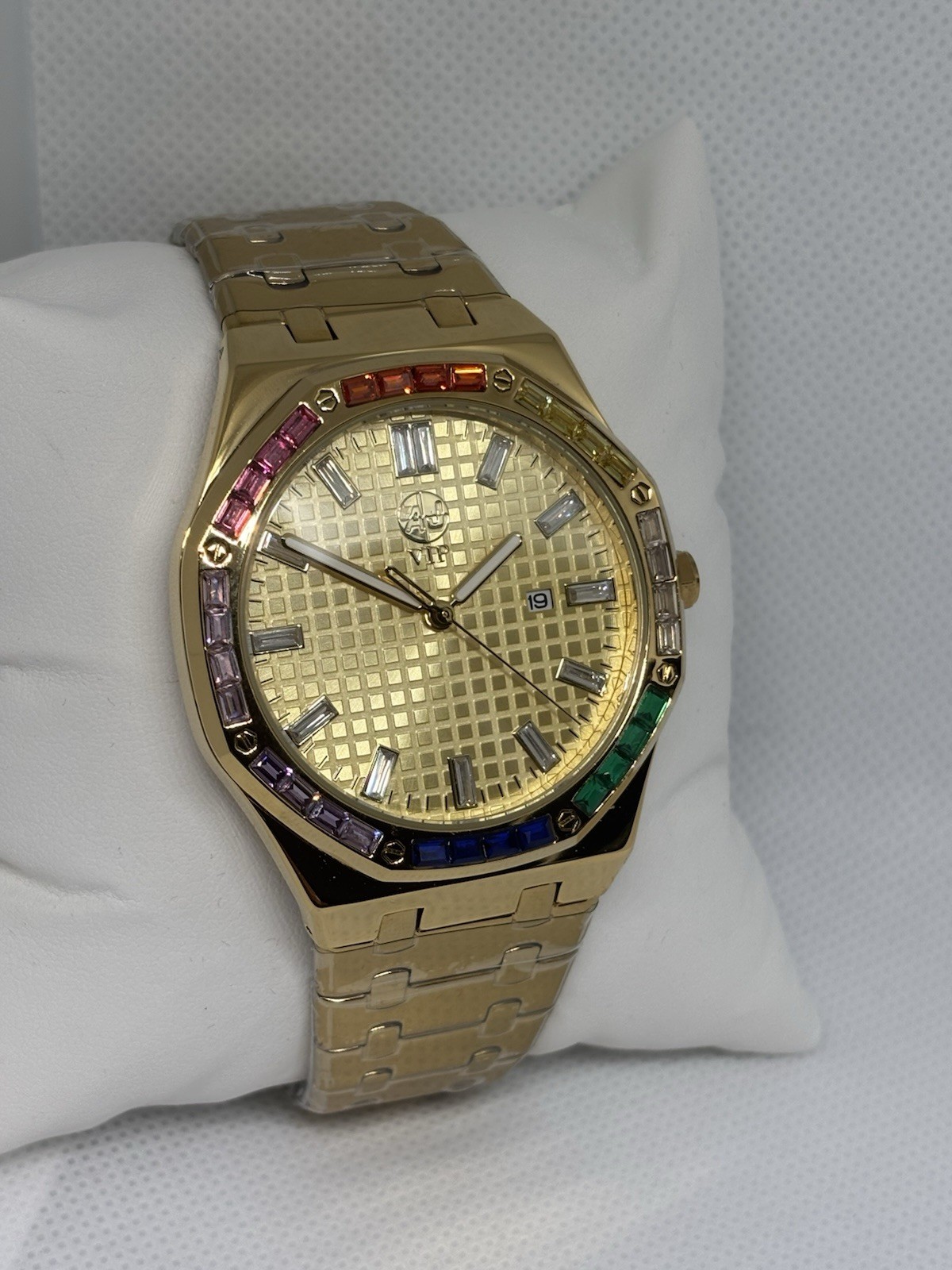 MENS Gold Tone Rainbow Crystal Bezel Date Quartz Watch New in Box