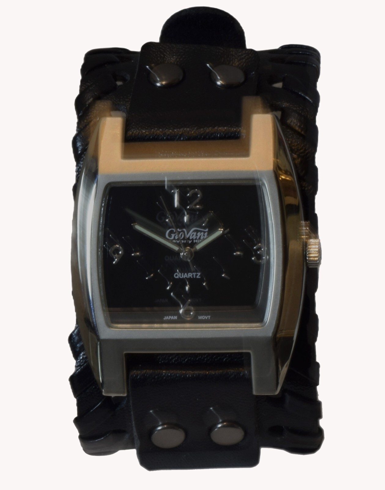 GIOVANI: Western punck style leather band Quartz Black/White/Green Face Watch