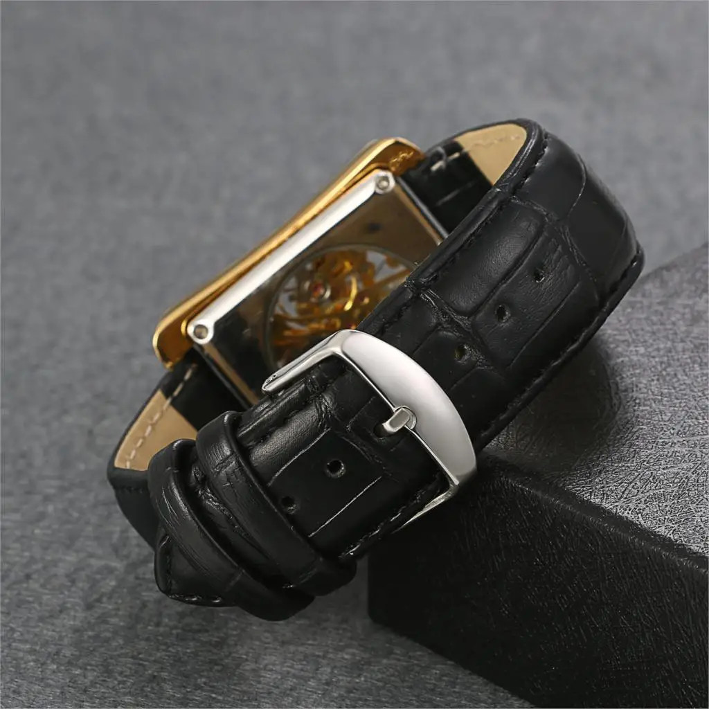 Lancardo Men’s Automatic Skeleton Watch Leather Strap Gold Silver 3ATM