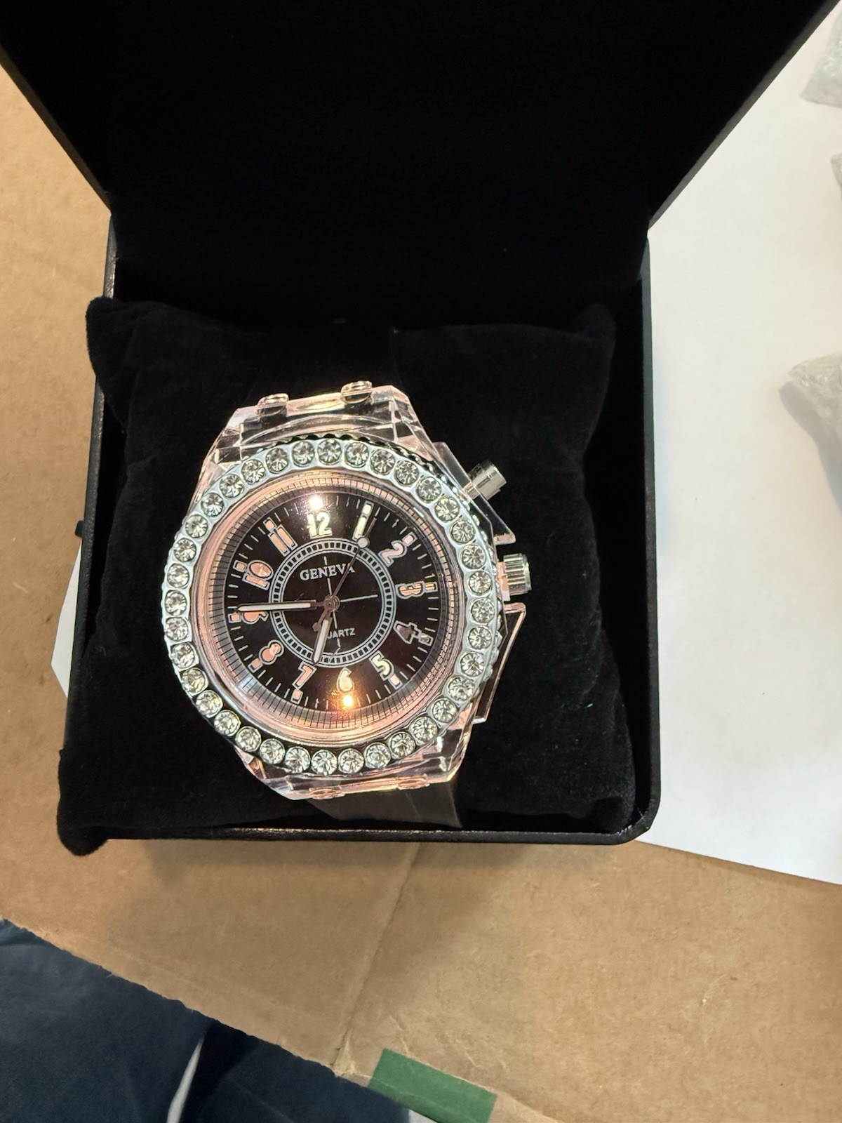 Geneva Quartz Analog Wristwatch Black Dial Silicone Strap Silver Bezel w/ Box