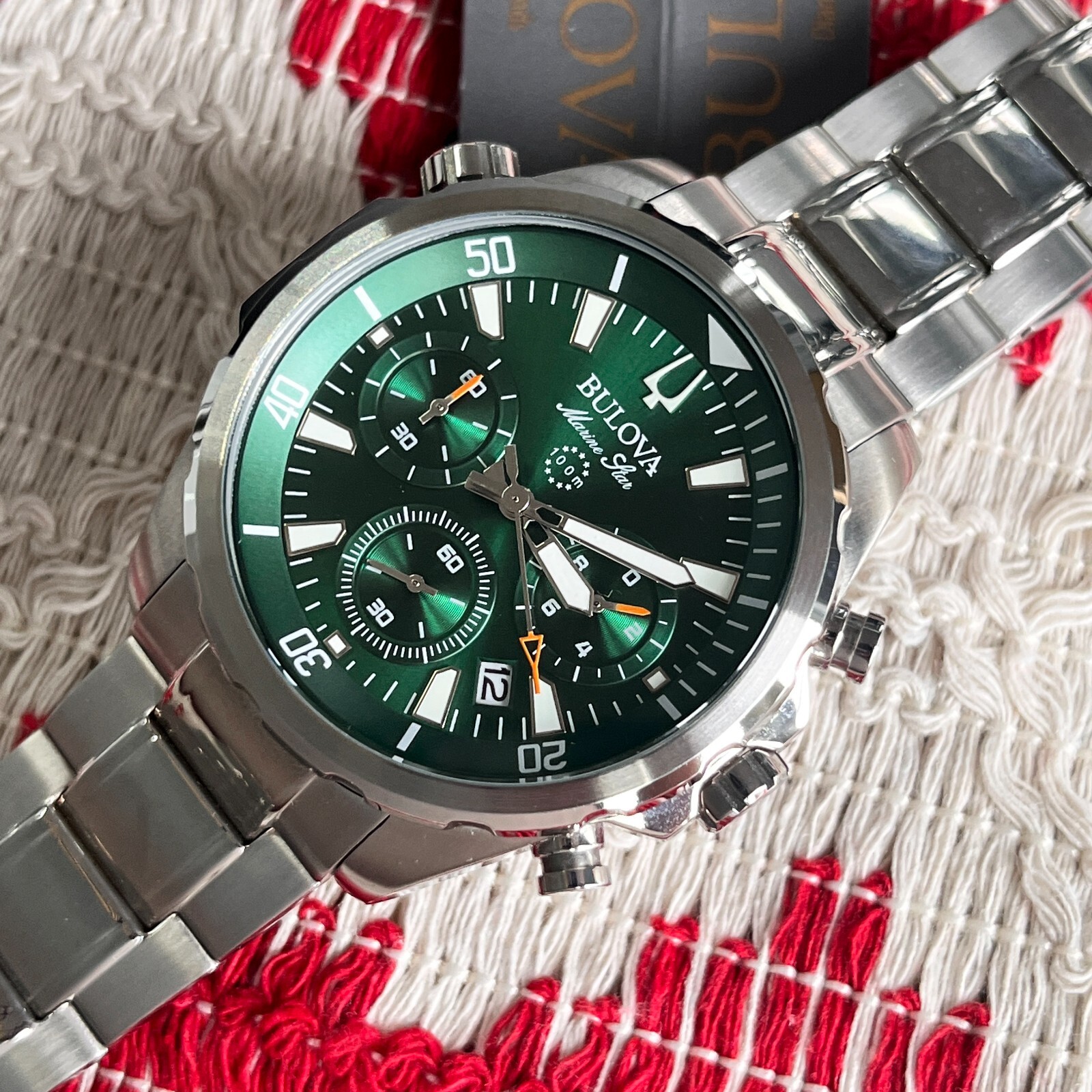Classic Bulova Marine Star 96B396 Green Dial 43mm Chronograph Quartz Men’s Watch