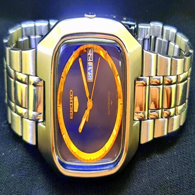 Vintage Seiko 5 Automatic Watch 7009-5220 TV Dial Blue & Gold Japan Serviced Men