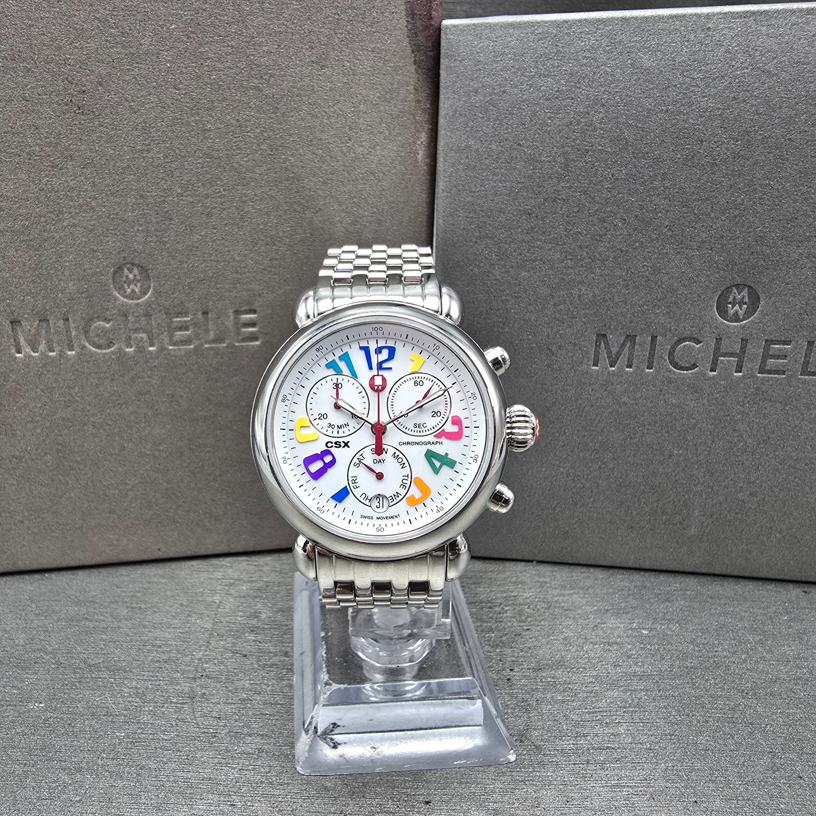 Michele CSX Carousel Chronograph Watch Women 36mm White Dial Steel Dayate NewBat