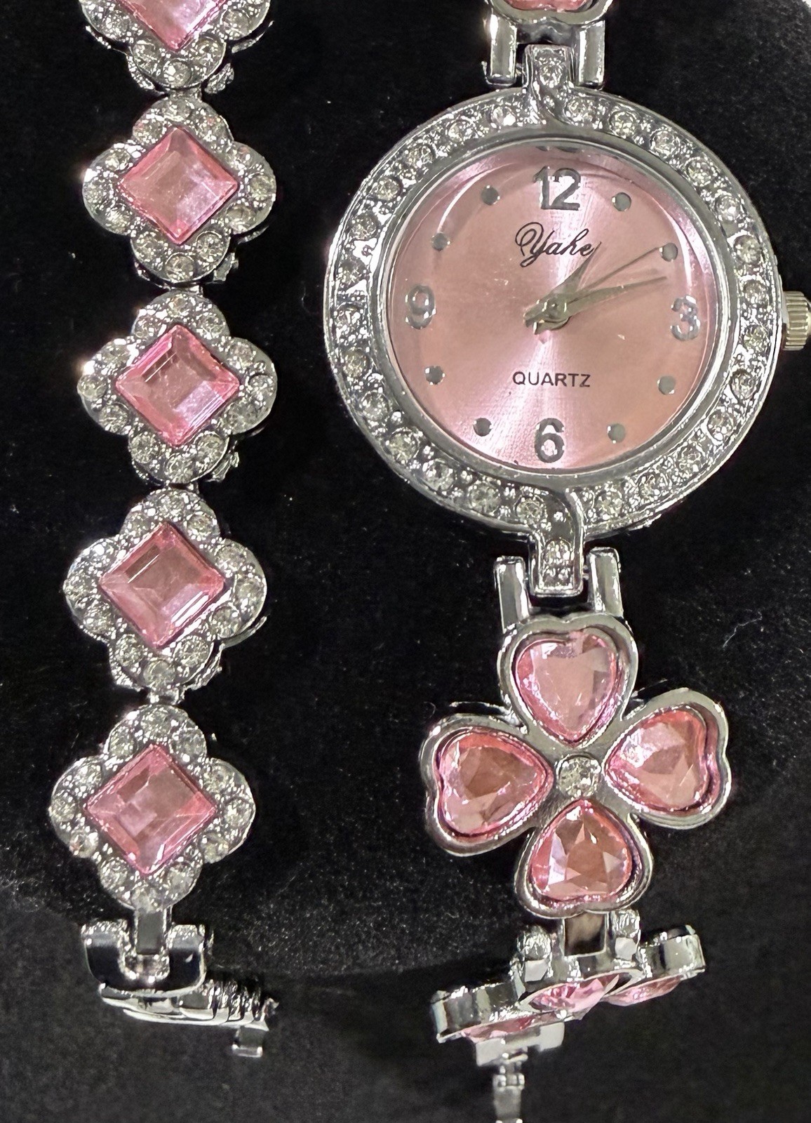 Yake Quartz Women’s Silver-Tone Flower Bracelet Watch Set Pink Dial Gem Bezel