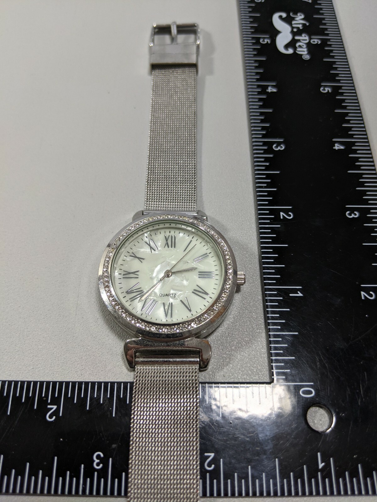 Silver Tone Pearlized Face Crystal Bezel Stainless Steel Mesh Style Band Watch