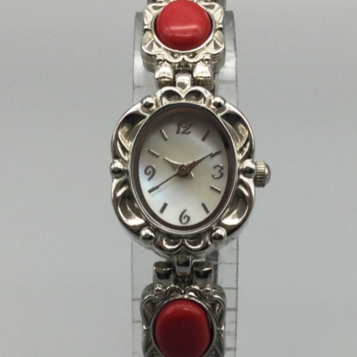 Mother of Pearl Watch Women 19mm Silver Tone Cabochon Band New Battery 7.5″