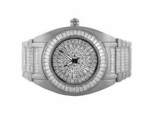 FULL ICY CELEBRITY WEAR WHITE GOLD TONE SIMU DIAMOND BAGUETTE SWISS CUSTOM WATCH